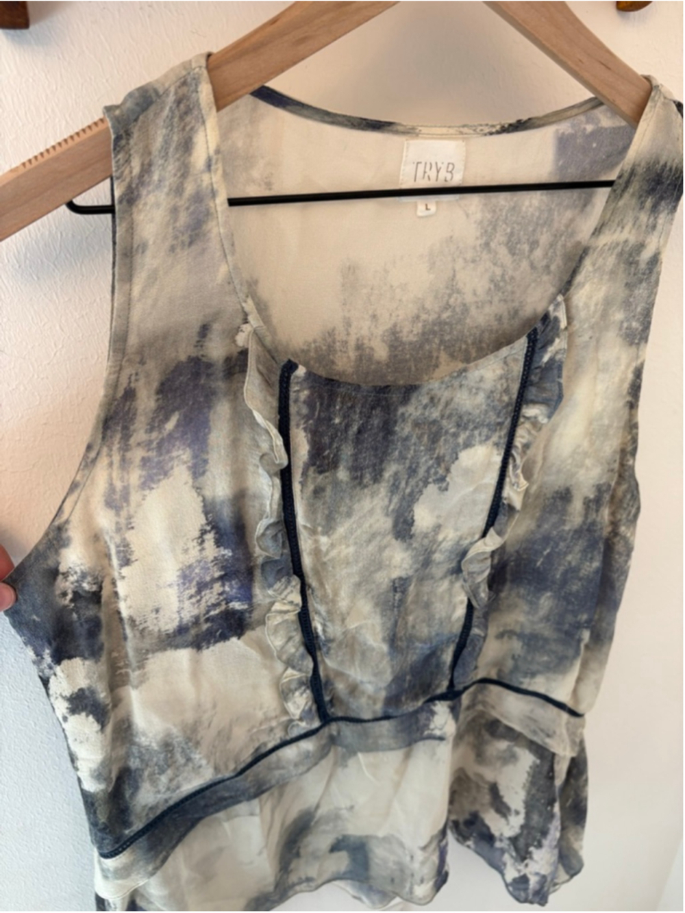 TryB 100% Silk Blouse Size L | Sheer Abstract Print Ruffle Trim Flowy Boho Chic - Picture 2 of 8